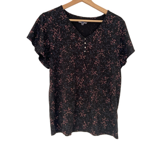 BLEU GRAY BLACK COTTON MODAL TOP WITH PINK FLORAL PATTERN AND FLUTTER SLEEVES, L
